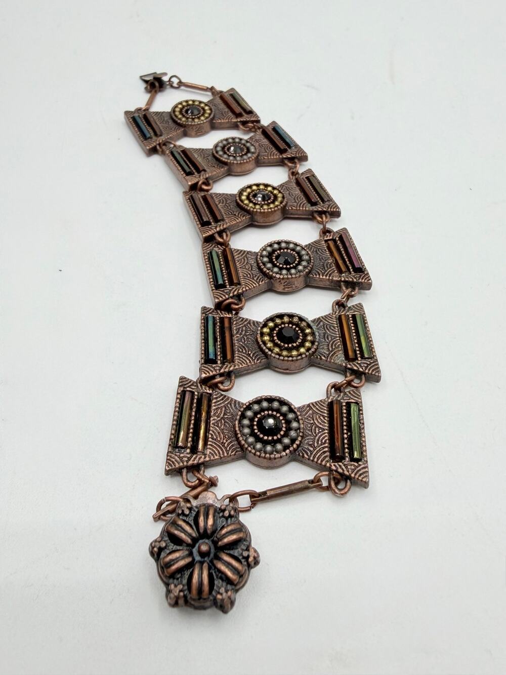 Vintage Copper Tone Wide Panel Bracelet Beaded Tribal Boho